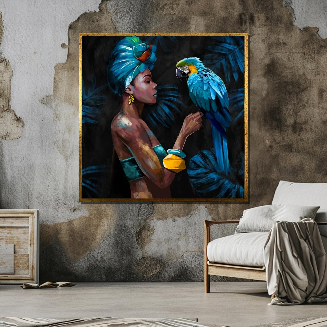 Elegant Woman With Blue Macaw, Tropical Art - Image 6