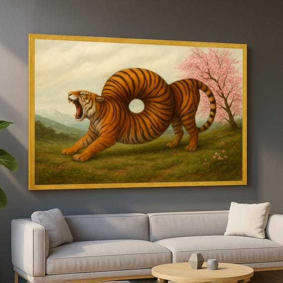 Surreal Roaring Tiger Canvas Infinity Loop Art Fantasy Wildlife Wall Decor Unique Animal Painting Home Decoration