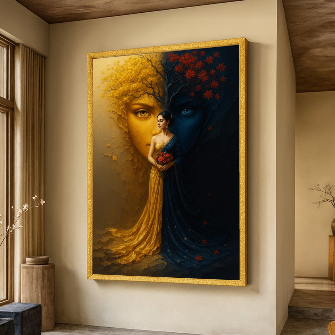 Duality Of Seasons Canvas Woman In Yellow And Blue Gown Autumn Winter Face Art Elegant Floral Bouquet Fantasy Wall Home Decor