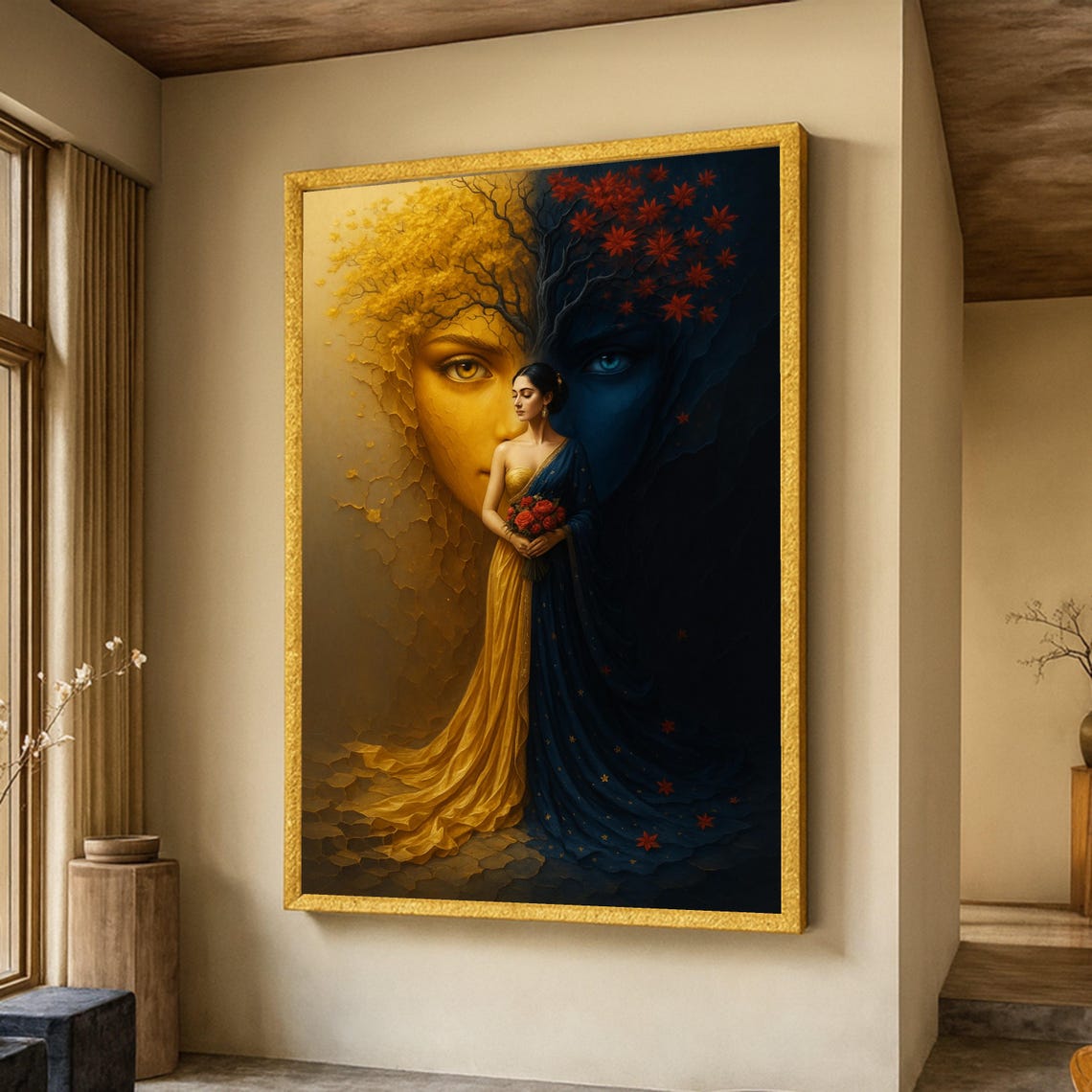 Mystical Gold Blue Duality Sari Woman Surreal Fantasy Art Poster