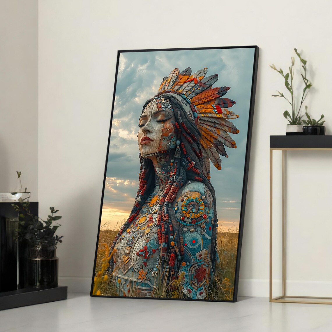 Mosaic Woman With Tribal Headdress, Cultural Art