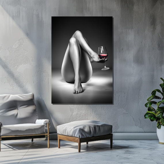 Minimalist Monochrome Art Elegant Figure With Wine Glass In Silver Tone Modern Surrealist Wall