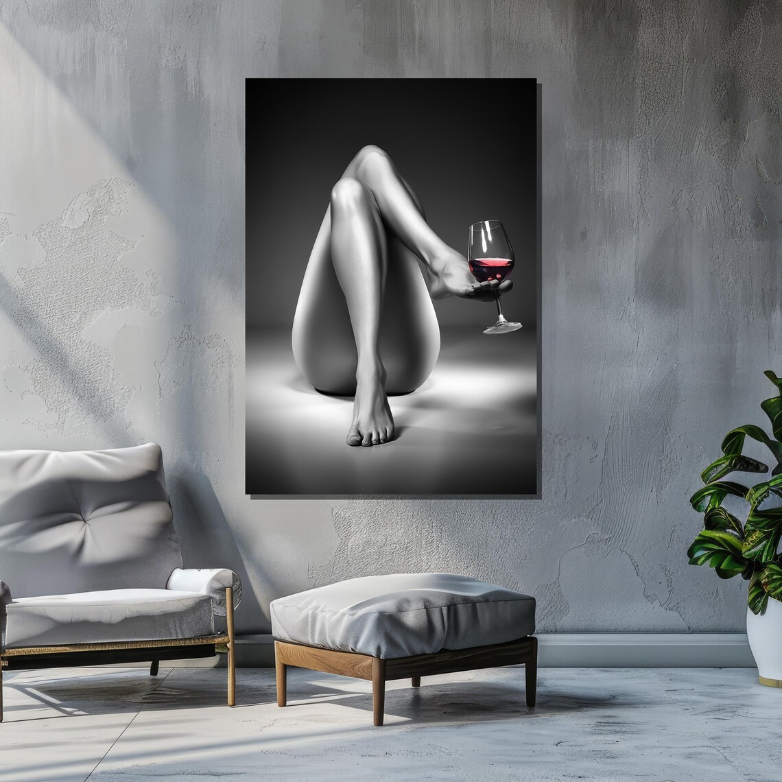 Minimalist Monochrome Art Elegant Figure With Wine Glass In Silver Tone Modern Surrealist Wall