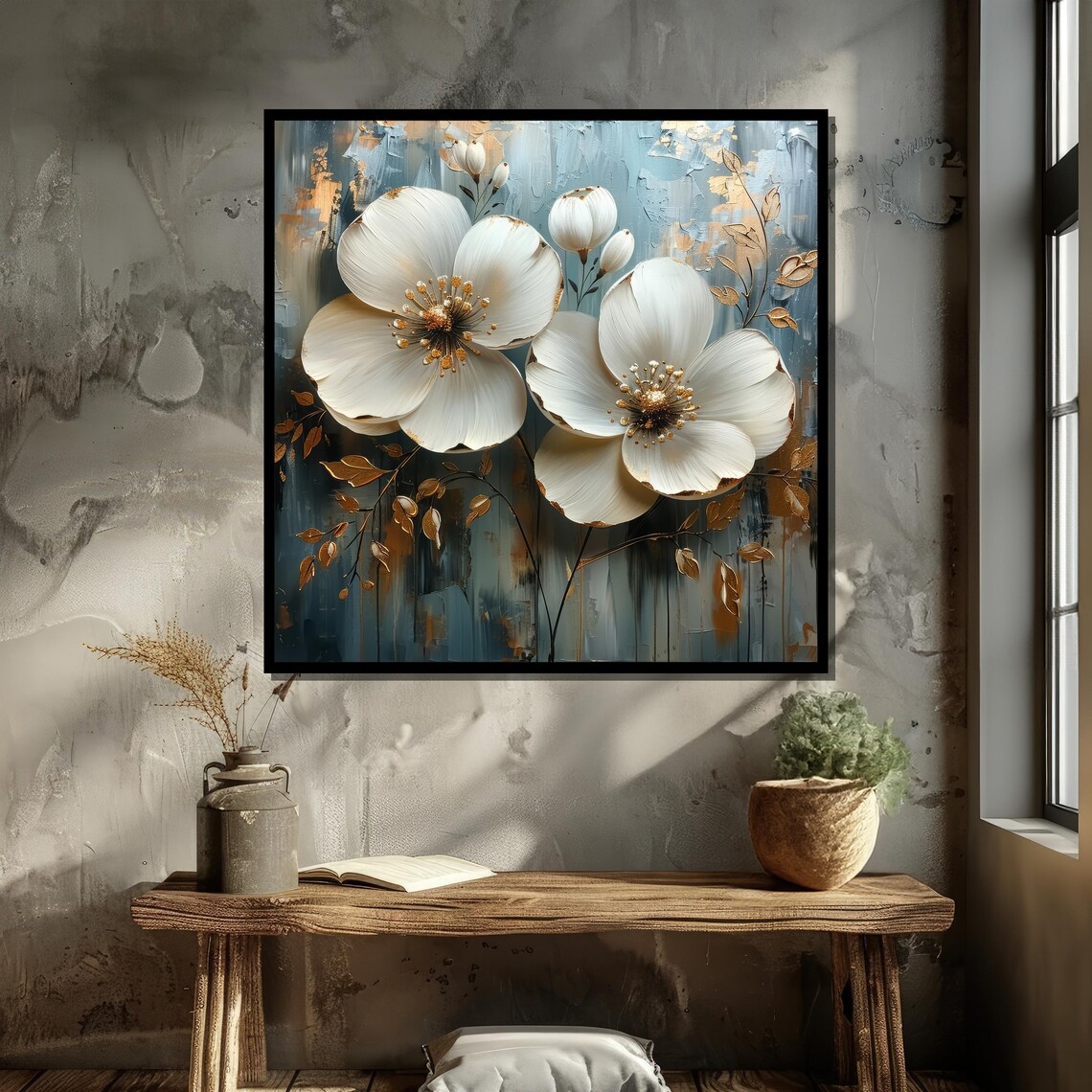 Elegant White Floral Art, Gold Accented Decor - Image 5