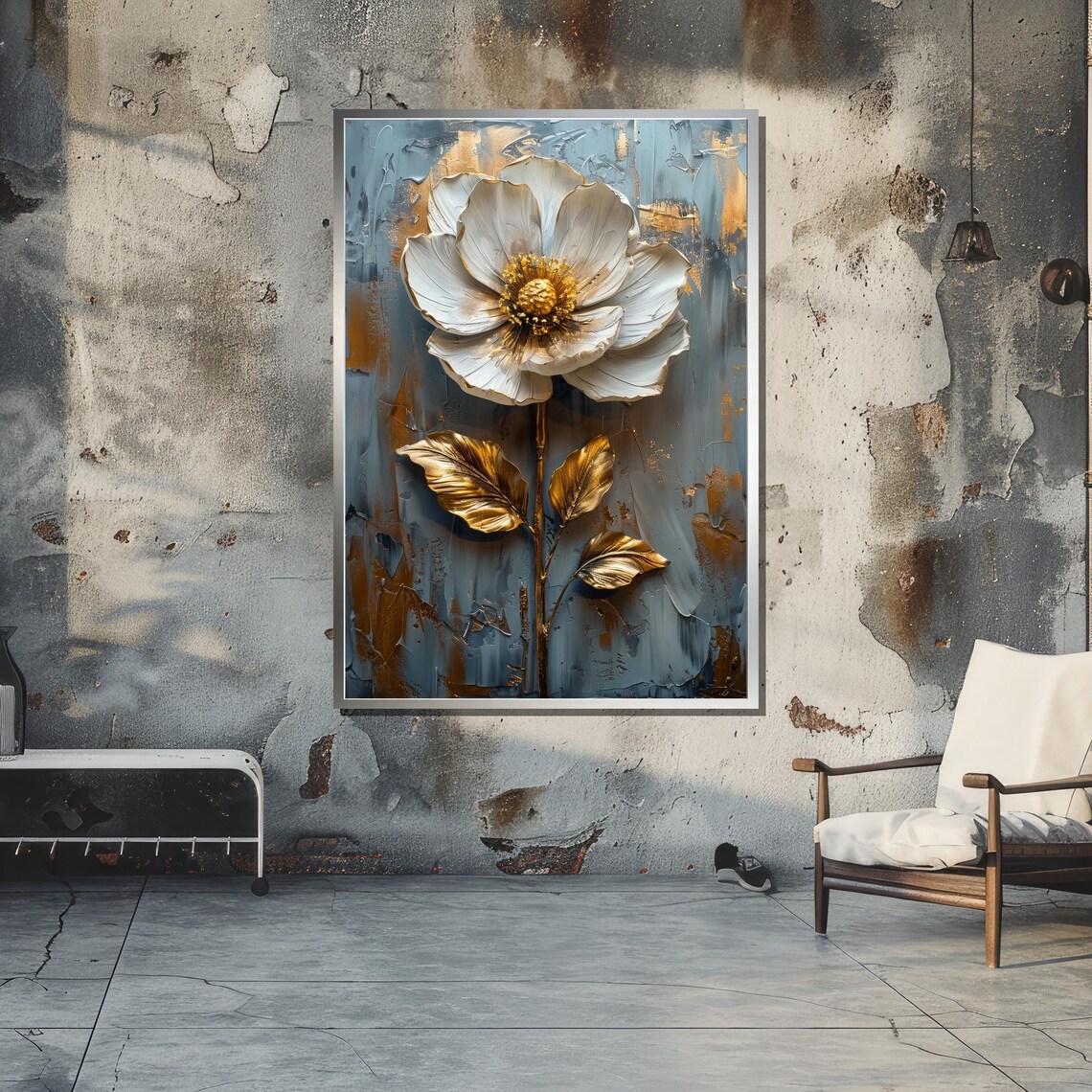 Metallic Gold Flower On Blue, Textured Floral Art Print - Image 3