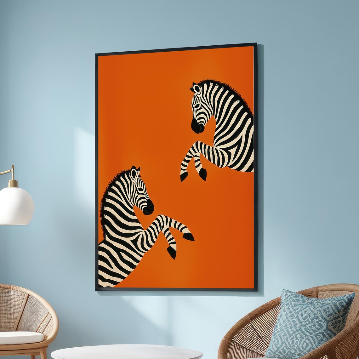 Modern Zebra Duo Orange Background Minimalist Animal Art Poster