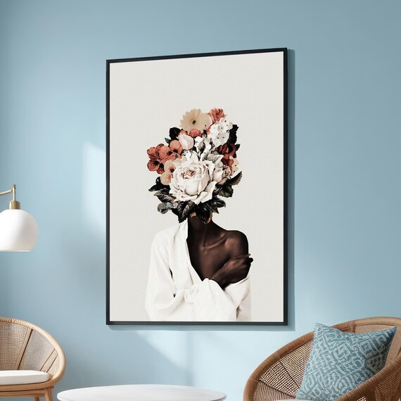 Surreal Floral Portrait Of A Woman With Oversized Flower Headdress Modern Wall Art For Boho Botanical Or Minimalist Home Decor