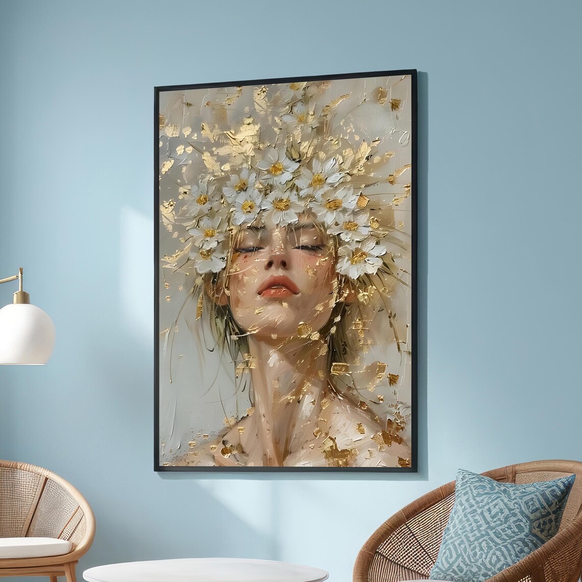 Floral Gold Leaf Woman Portrait, Modern Abstract Art Print