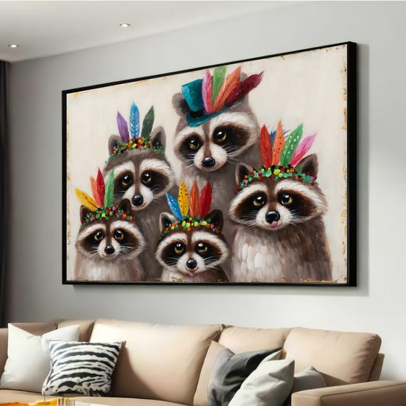 Colorful Raccoon Family Canvas Print Whimsical Animal Art With Feathers Fun And Playful Decor For Childrens Room Or Nursery