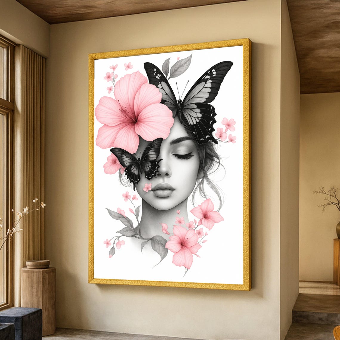 Elegant Woman Portrait With Pink Flowers And Black Butterflies Surreal Floral Face Canvas Feminine Wall Art Monochrome Pastel Home