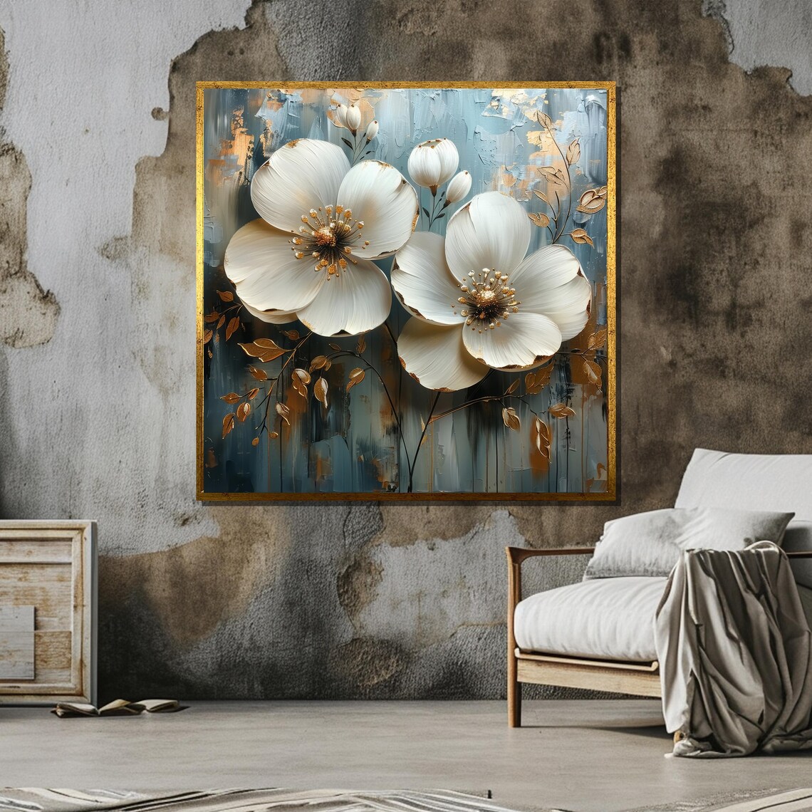 Elegant White Floral Art, Gold Accented Decor - Image 6