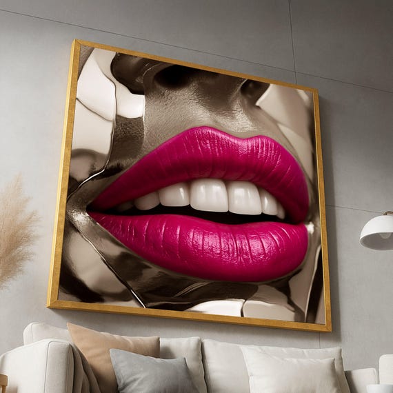 Glamorous Pink Lips Canvas Wall Art Modern Metallic Closeup Portrait Beauty Cosmetic Decor Bold Lipstick Contemporary Home Accent