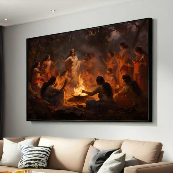 Traditional Dance And Ritual Art Women Celebrating Around Fire Cultural Canvas Print Festive Artwork Inspired