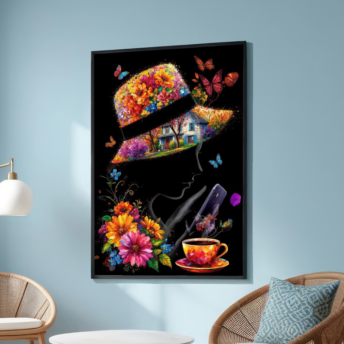 Surreal Woman Portrait Poster Colorful Flowers Butterflies Coffee Black Art