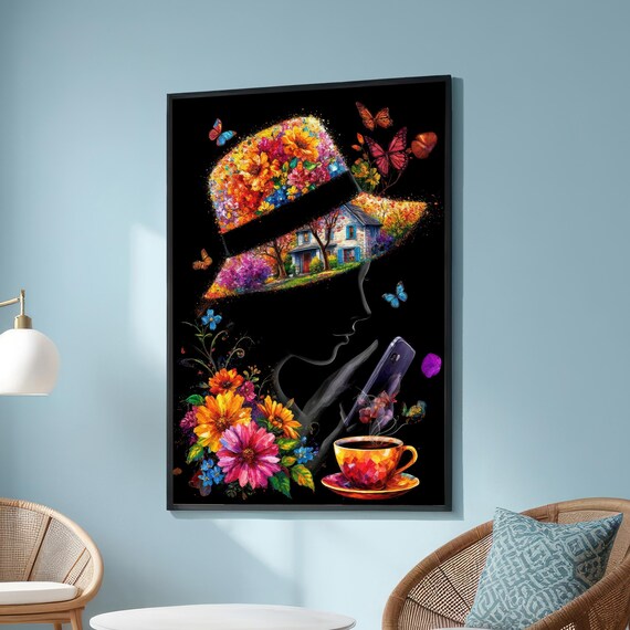 Surreal Woman Portrait Poster Colorful Flowers Butterflies Coffee Black Art