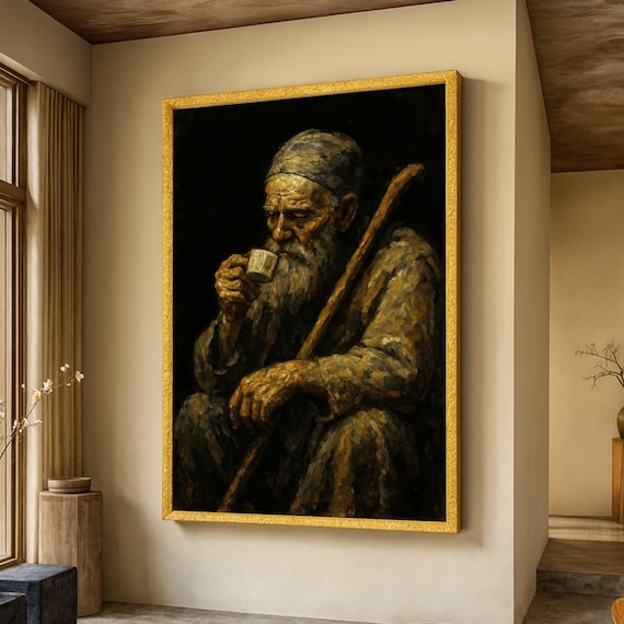 Thoughtful Elderly Man Drinking Coffee Rustic Vintage Oil Portrait Poster