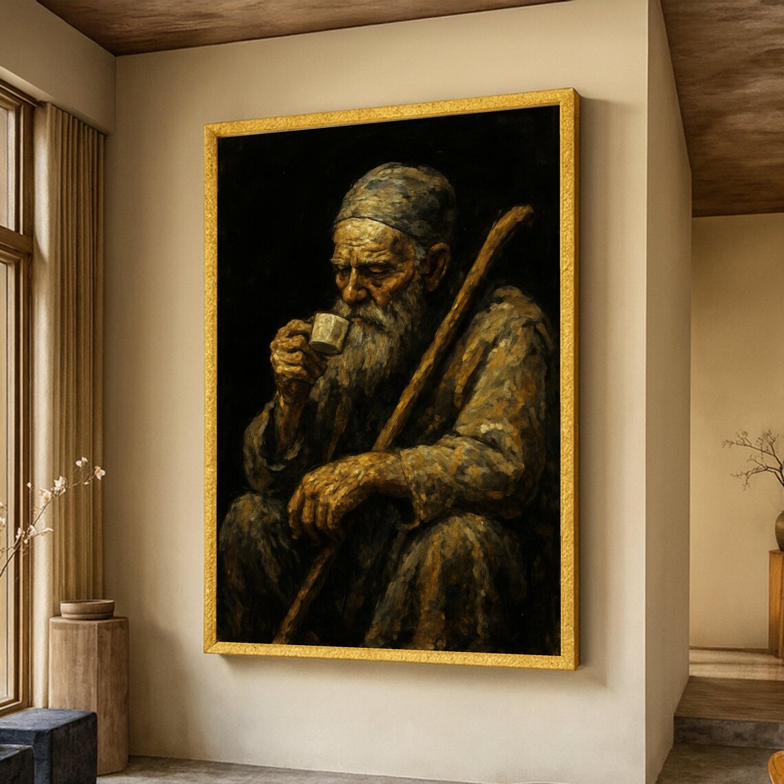 Thoughtful Elderly Man Drinking Coffee Rustic Vintage Oil Portrait Poster