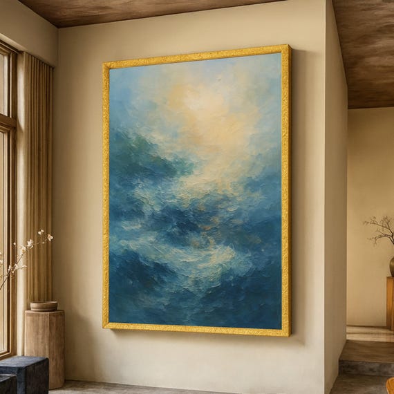 Tranquil Ocean Waves Abstract Canvas Blue And Yellow Sea Landscape Seascape Wall Art Coastal Home Decor Ready To Hang Painting