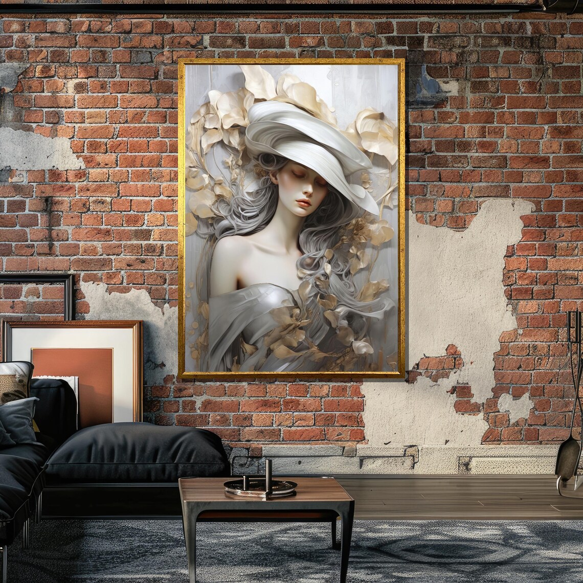 Elegant Woman In White Hat, Surreal Botanical Art Print - Image 6