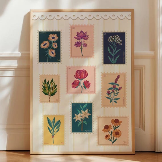 Vintage Flower Stamps Print Minimalist Bedroom Floral Wall Art Nursery Decor Modern Kitchen