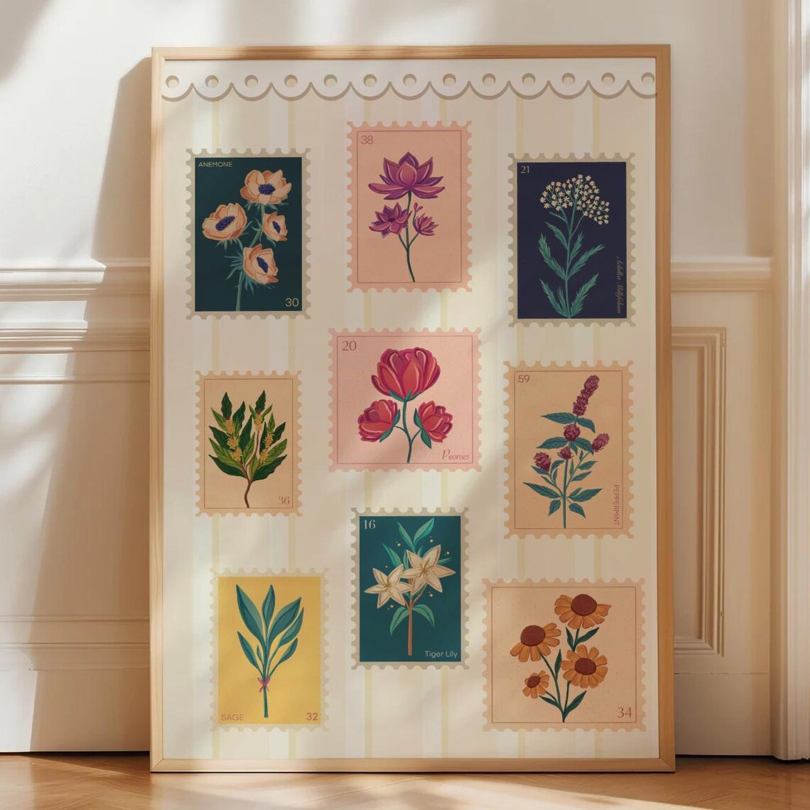 Botanical Flower Postage Stamp Collection Vintage Floral Poster