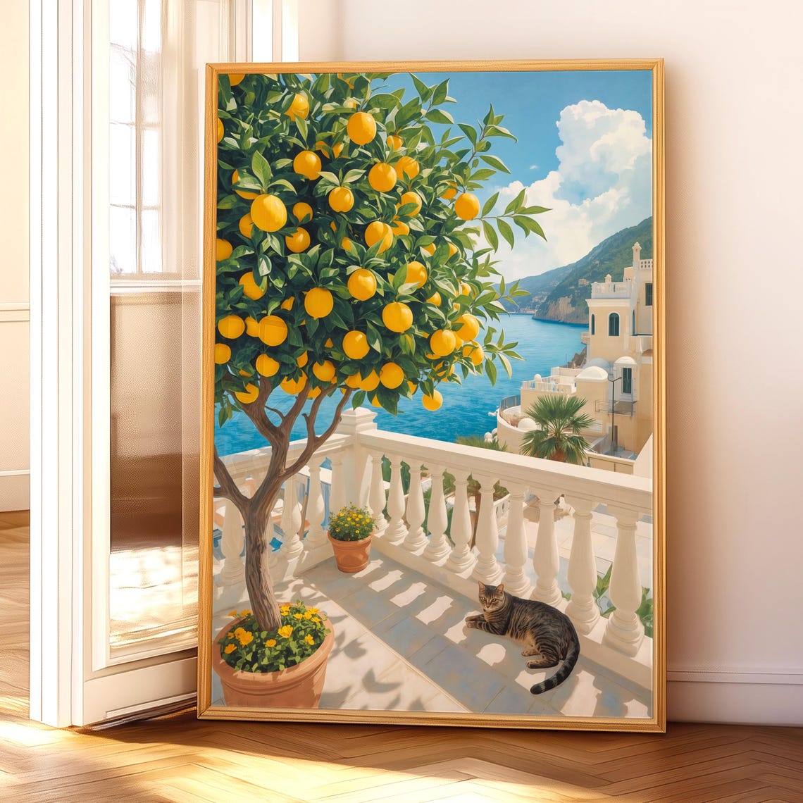 Amalfi Coast Lemon Tree Cat Sunny Balcony Mediterranean Garden Poster