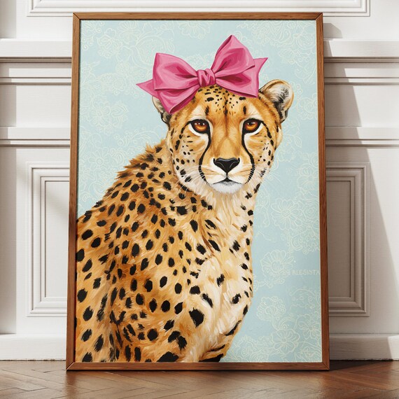 Cheetah With Pink Bow Print Pastel Chinoiserie Animal Art