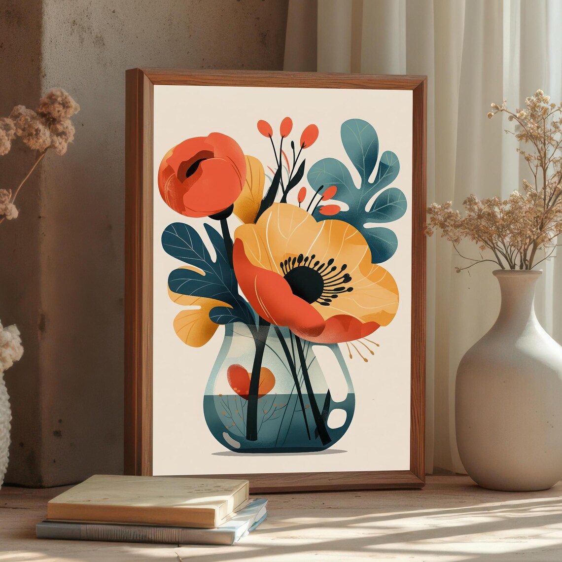 Poppy Bouquet in Teal Vase Modern Botanical Illustration Poster