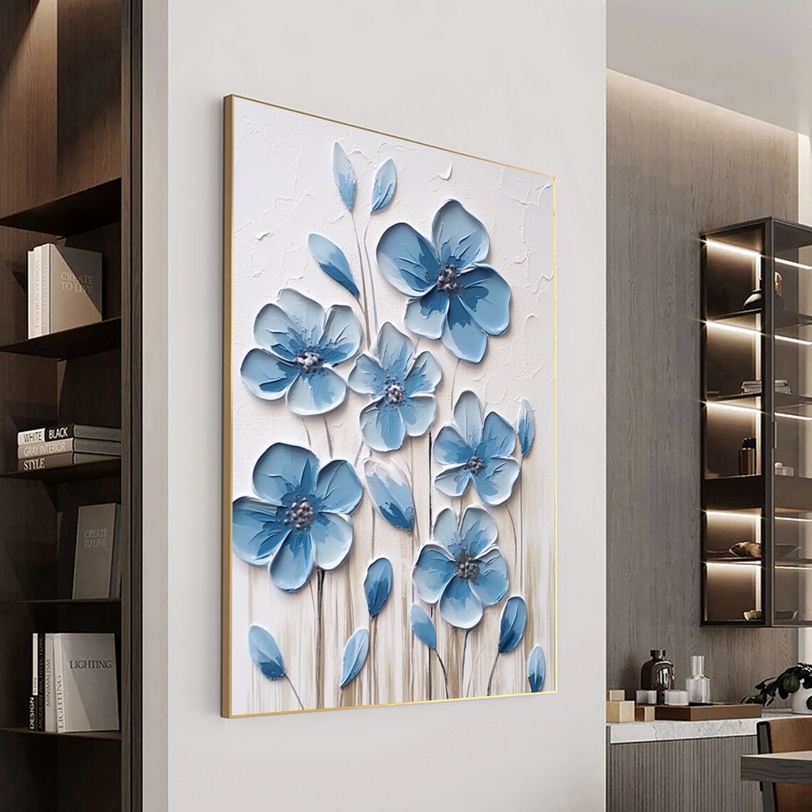 Big Blue Flowers 3D Textured Floral Impasto Oil Painting Poster - Image 3