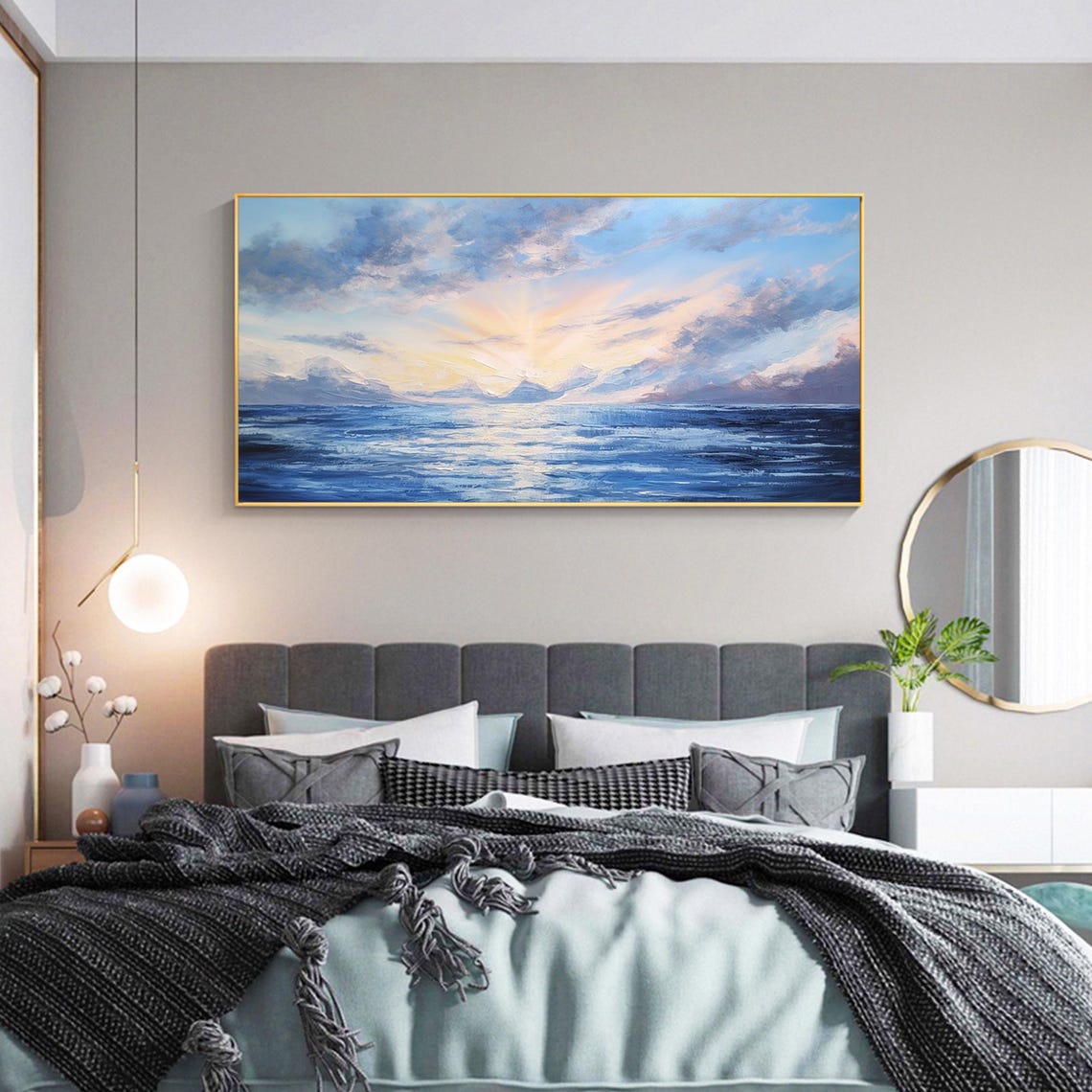 Large Original Blue Sea Oil Painting On Abstract Sunset Ocean Landscape Painting Blue Sea Acrylic Painting Living Room Wall Art Decor - Image 3