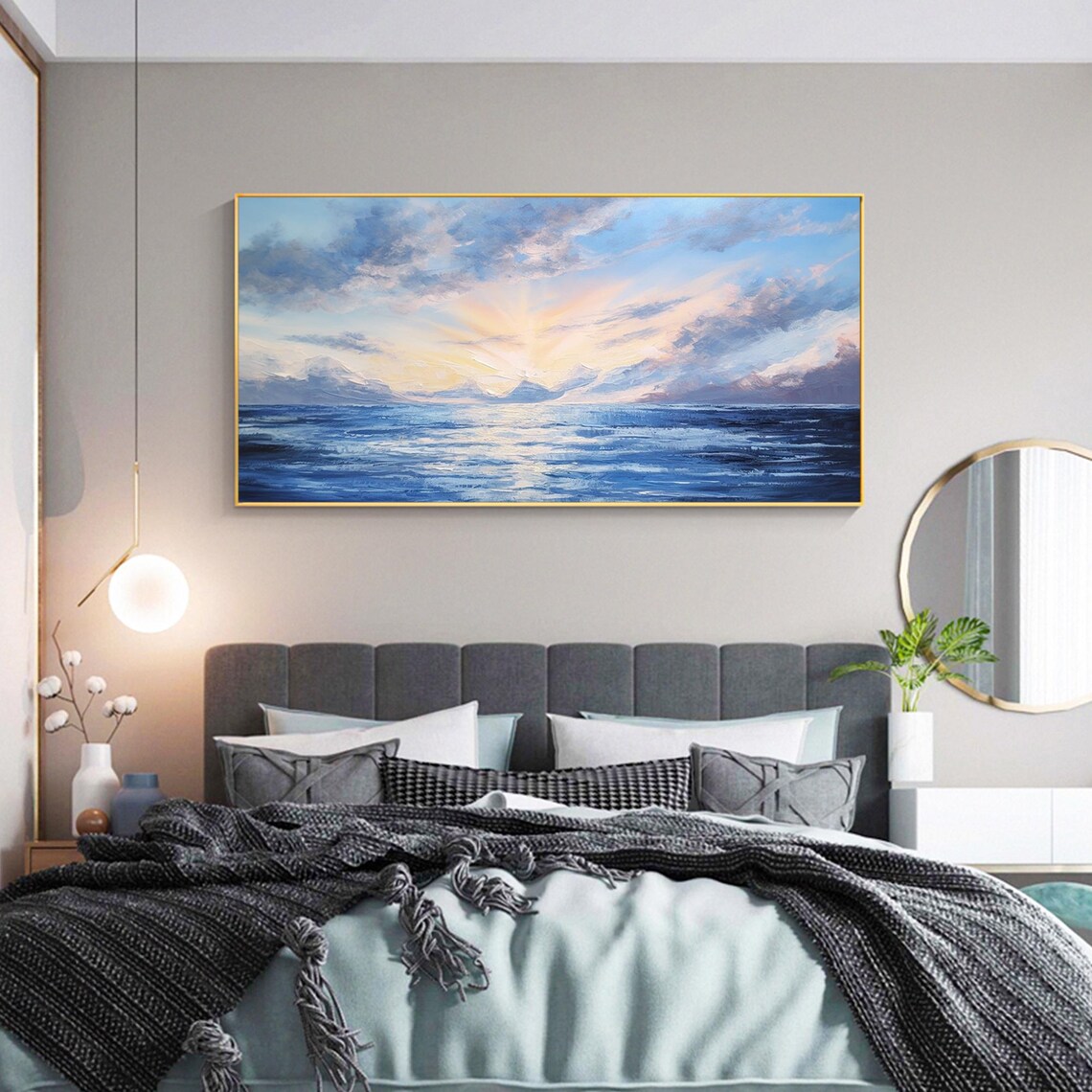 Ocean Sunrise With Radiant Clouds Blue Seascape Painting Poster - Image 3