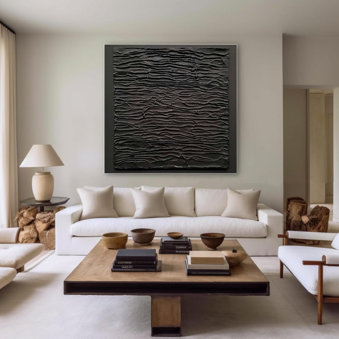 Black Textured Wave Abstract Dark Gold Frame Moody Modern Poster - Image 2
