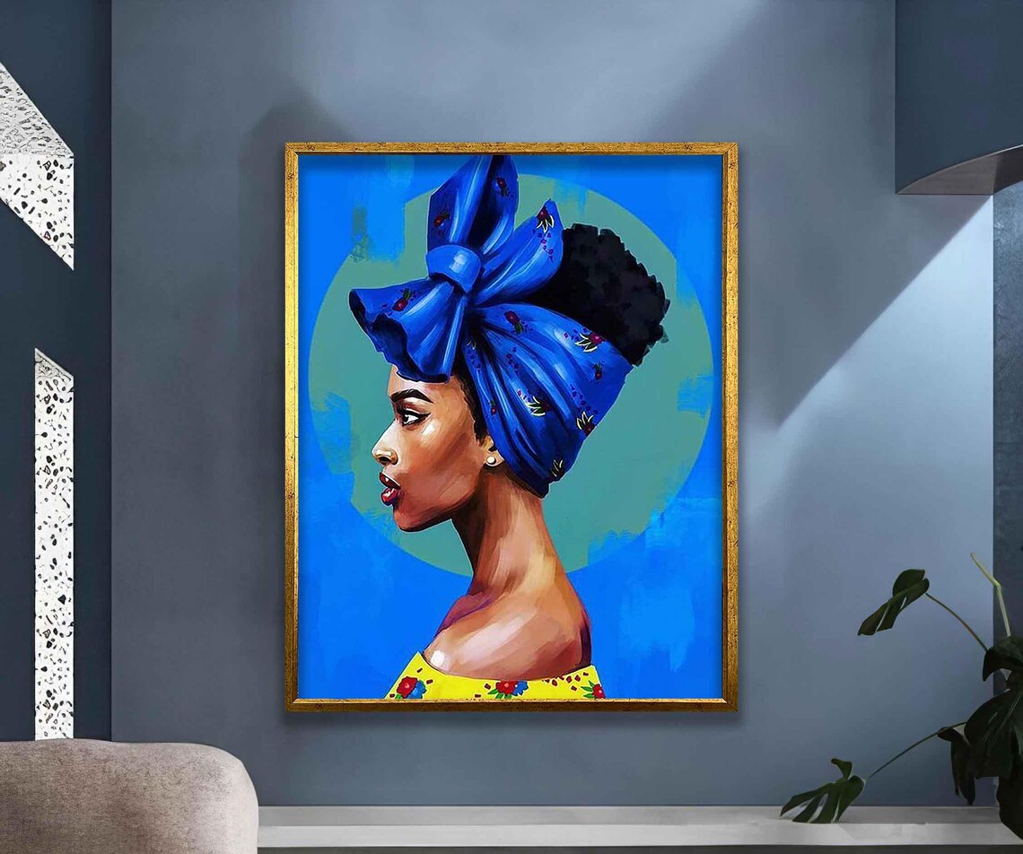 African Woman Blue Headwrap Bow Vibrant Pop Portrait Yellow Art Poster - Image 2
