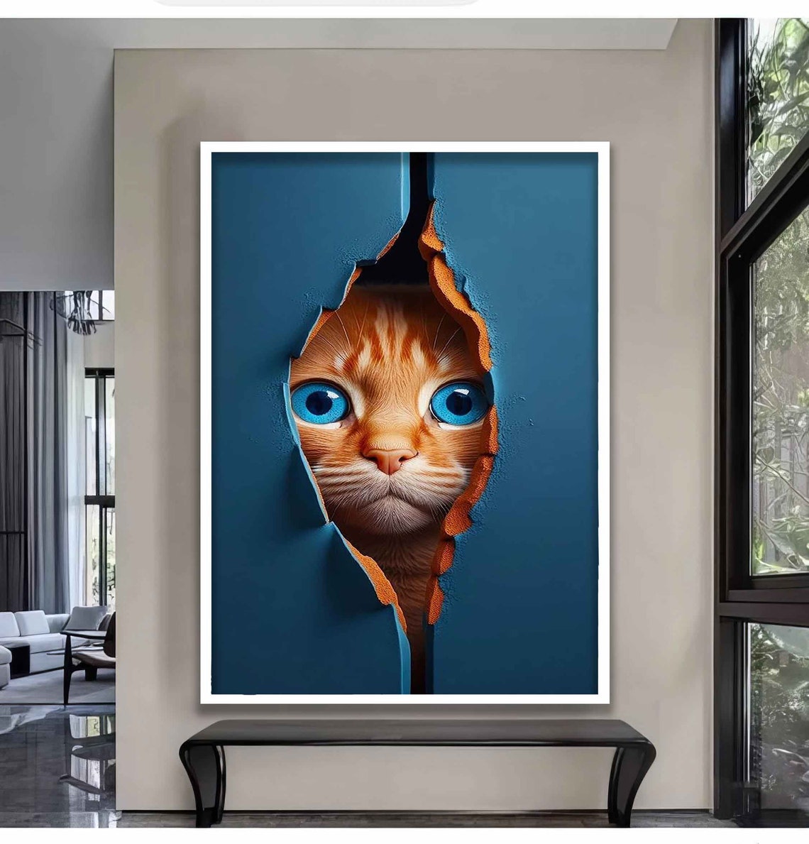 Orange Tabby Cat Blue Eyes Peeking Through Torn Wall Illusion Poster