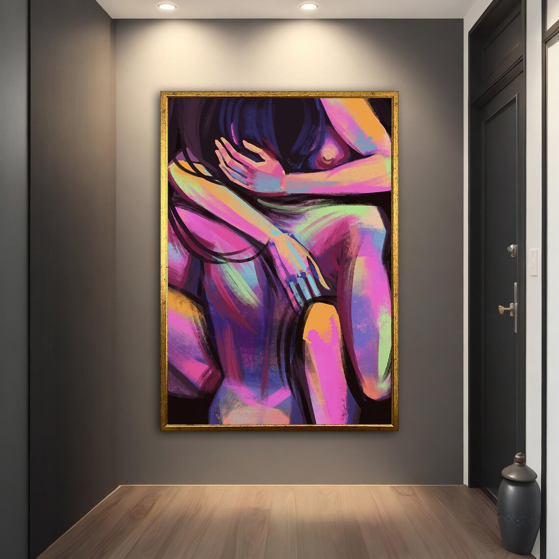 Neon Lit Lovers Embrace Colorful Abstract Romantic Art Print - Image 4