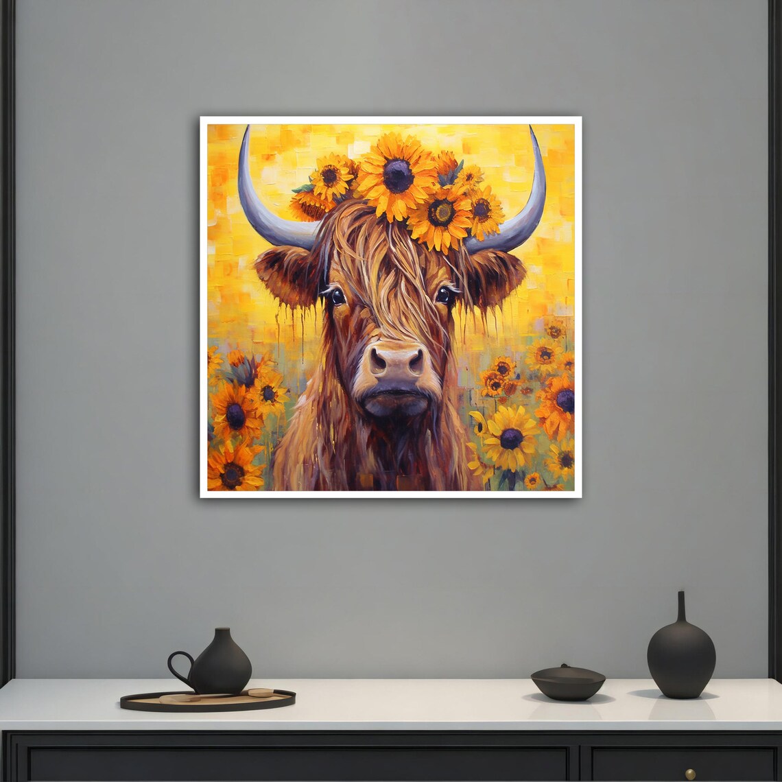 Highland Cow with Sunflower Crown Golden Yellow Floral Art Poster - Image 2