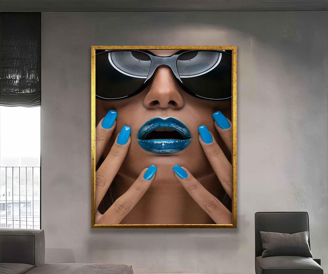 Blue Lips Sunglasses Woman Beauty Close-Up Salon Fashion Photo Art Poster - Image 3