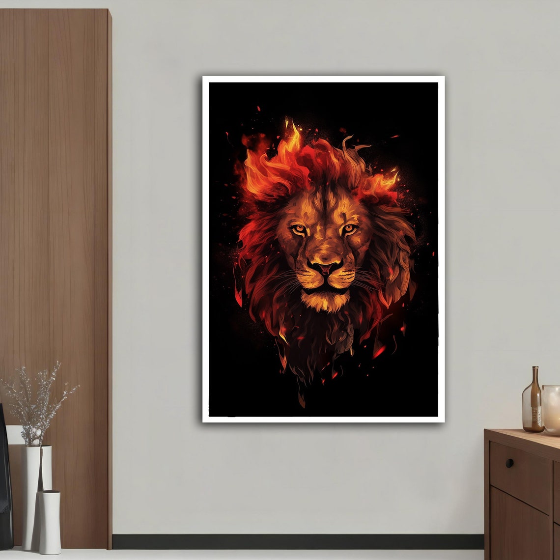 Fiery Lion Burning Mane Black Background Bold Wall Art Poster - Image 4