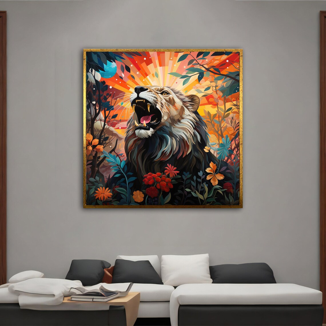 Roaring Lion Pop Art Colorful Tropical Flowers Jungle Wall Poster - Image 3