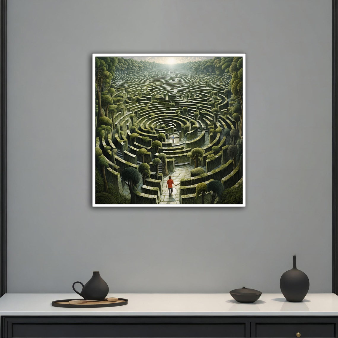 Surreal Green Labyrinth Garden Maze With Lone Wanderer Art Poster - Image 3