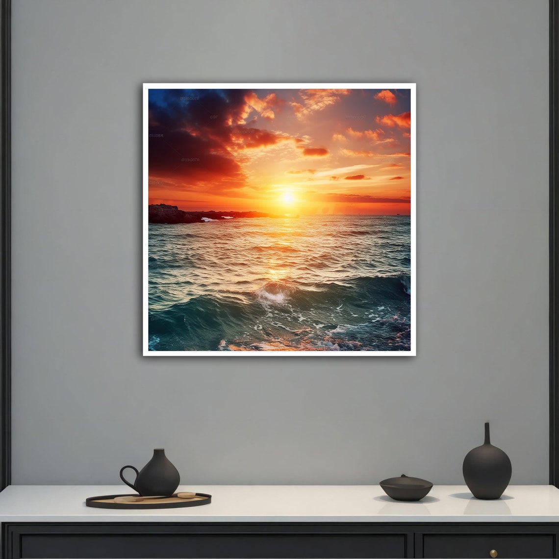 Ocean Sunset Dramatic Fiery Clouds Golden Waves Nature Art Poster - Image 4