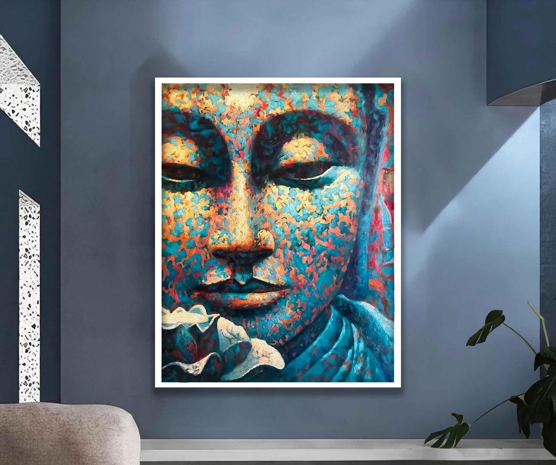 Colorful Mosaic Buddha Face Serene Blue Meditation Wall Art Poster - Image 3