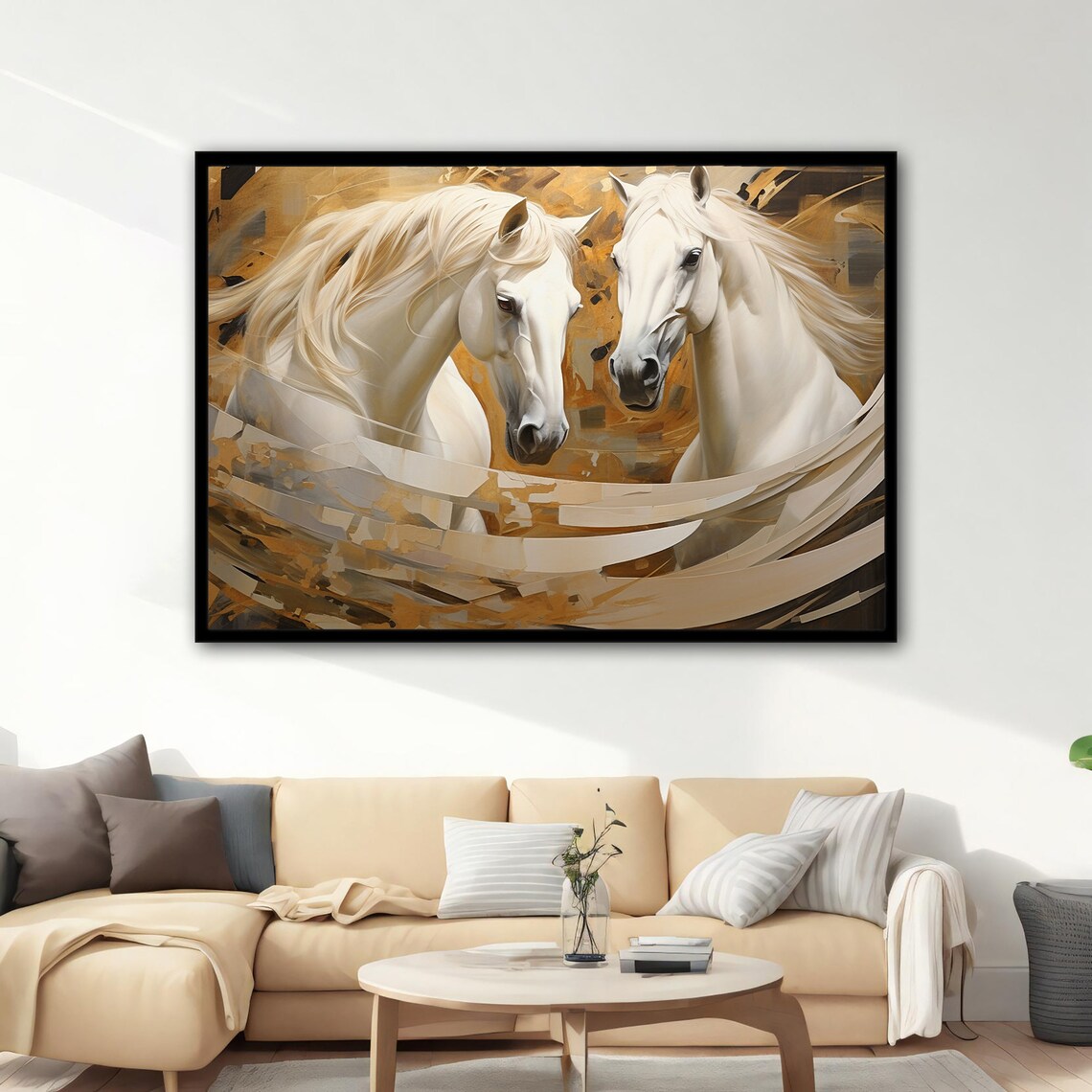 Two White Horses Facing Painting Golden Swirls Elegant Equine Poster - Image 3