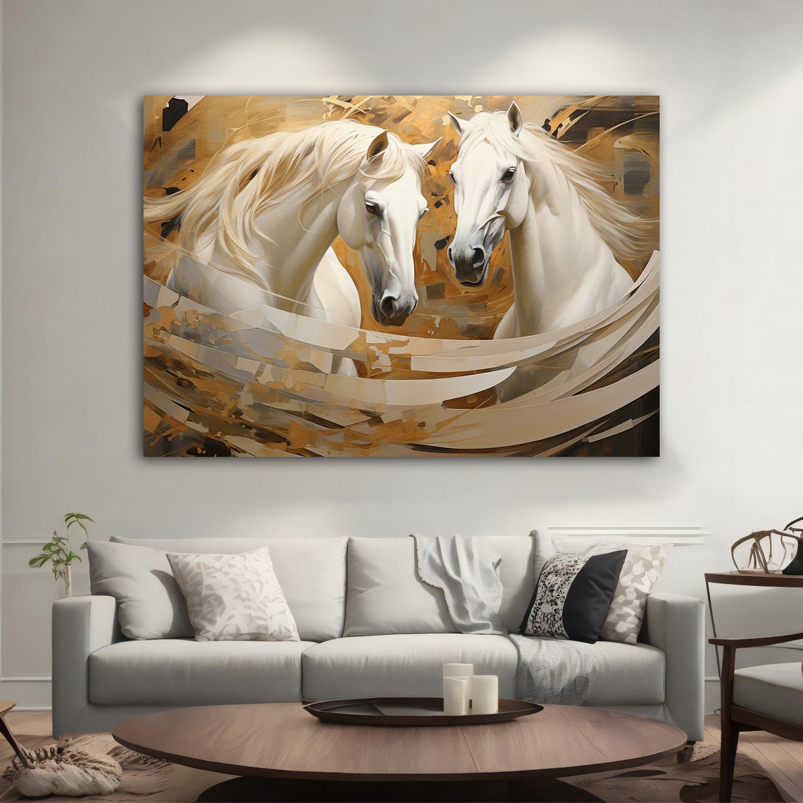 Two White Horses Facing Painting Golden Swirls Elegant Equine Poster - Image 5