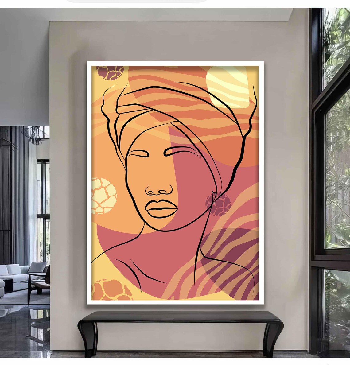 African Woman Front Line Art Portrait Orange Sunset Headwrap Boho Poster - Image 2