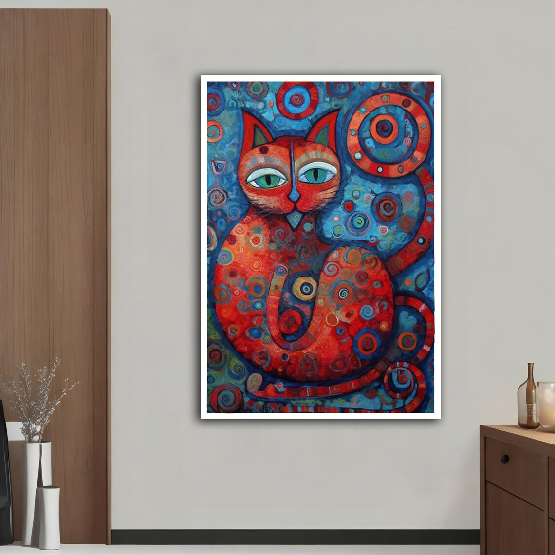 Red Cat Green Eyes Whimsical Blue Swirl Animal Wall Art Poster - Image 3