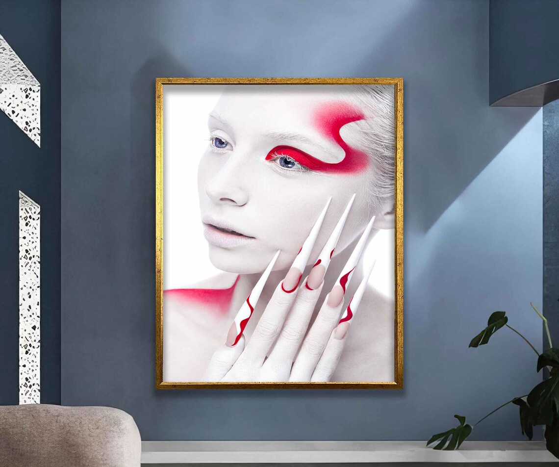 White Face Red Eye Makeup Artistic Woman Portrait Nail Art Poster - Image 3