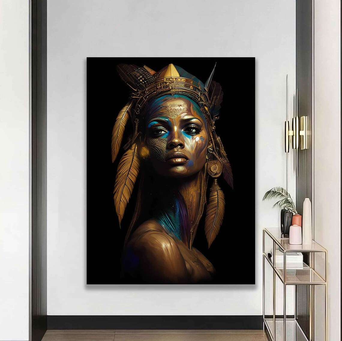 Ethnic Woman Golden Feather Headdress Tribal Queen Portrait Art Poster - Image 2