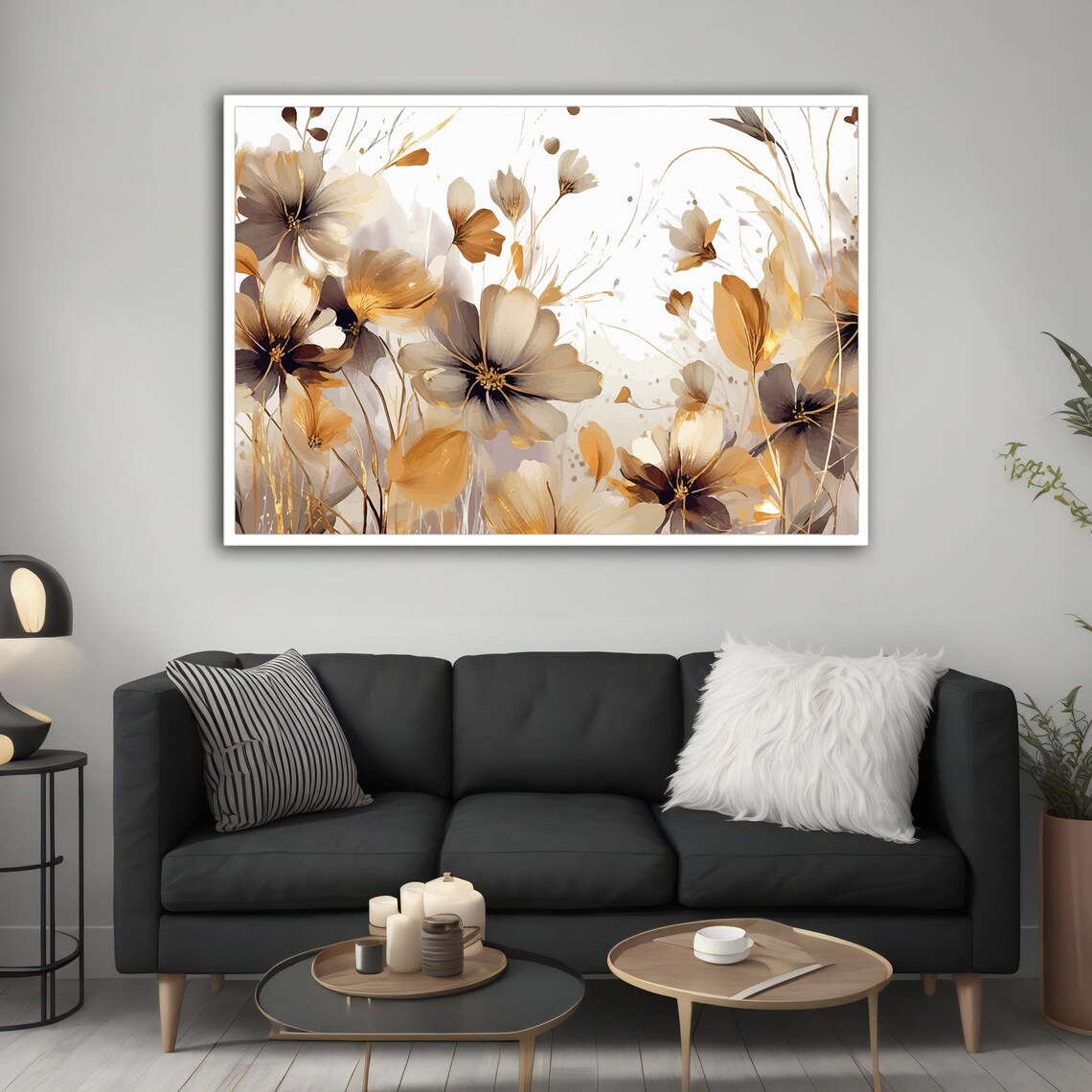 White Gold Wildflowers Painting Sepia Blooms Bright Floral Wall Poster - Image 5