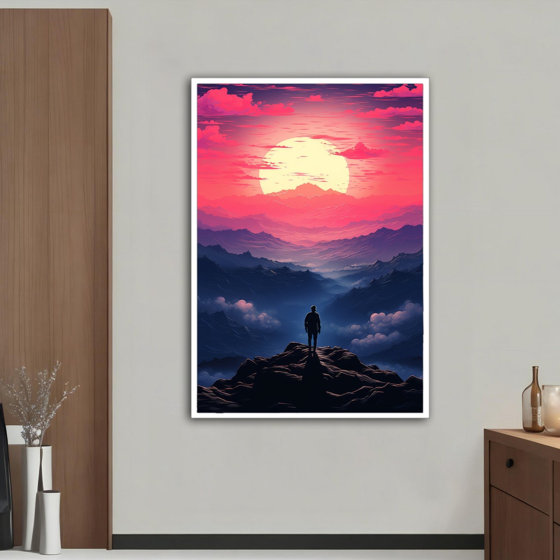 Hiker Mountain Sunrise View Pink Purple Peak Landscape Travel Poster - Image 5